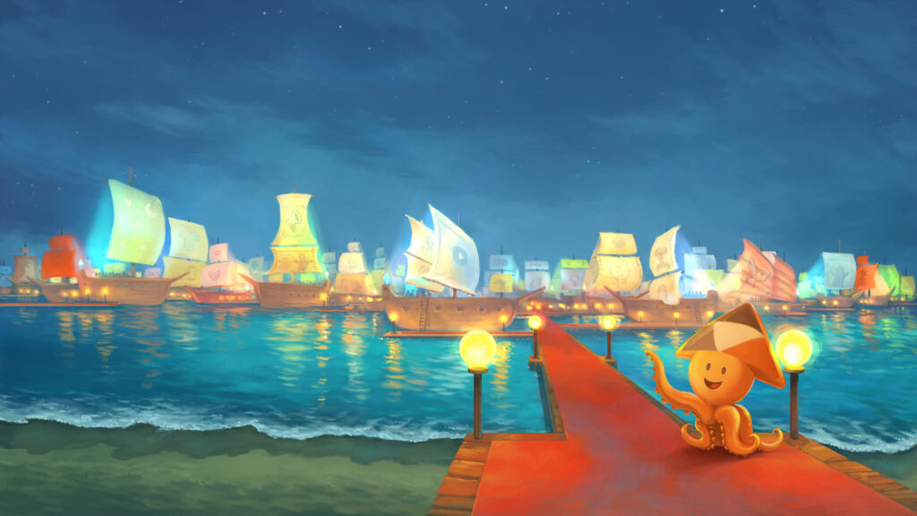Sepia, PeerTube cuttlefish mascot, is by the sea shore. She invites us on the pier where many sailboats berthed. Movies are played on the sails.